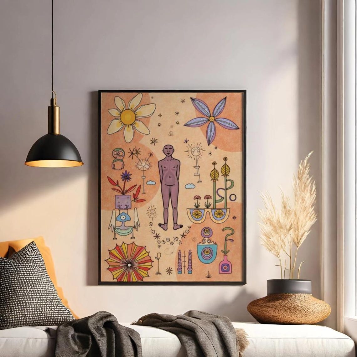 Whimsical Flower and Figure Collage on Peach Naive Illustration Poster