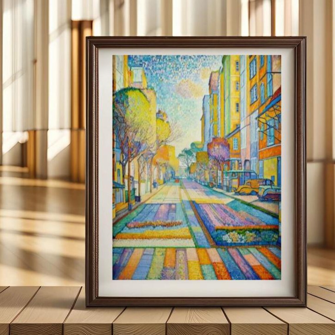 Vibrant Pointillist Grand City Boulevard With Tram Tracks Poster