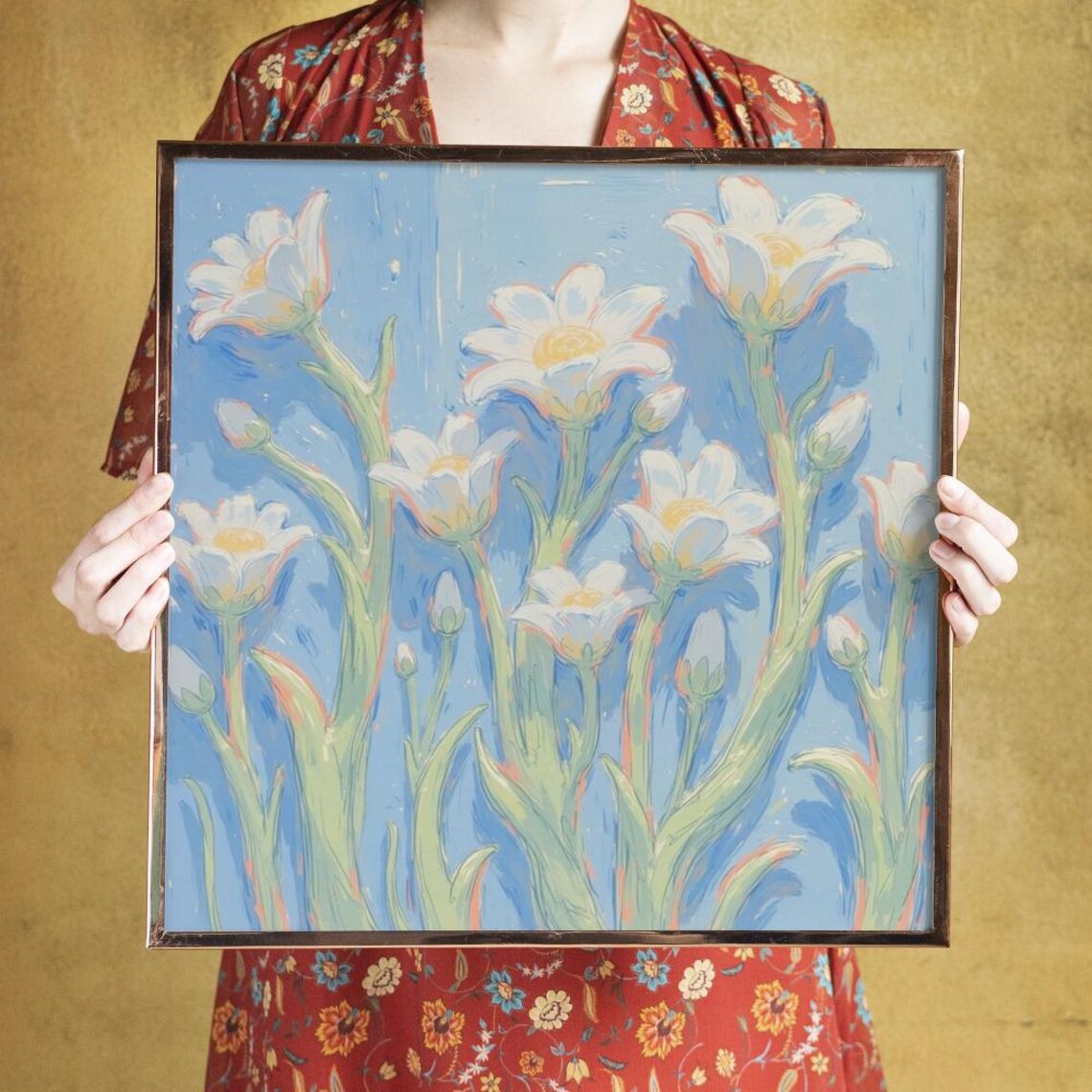 White Flowers With Yellow Centers on Vivid Blue Bold Floral Poster