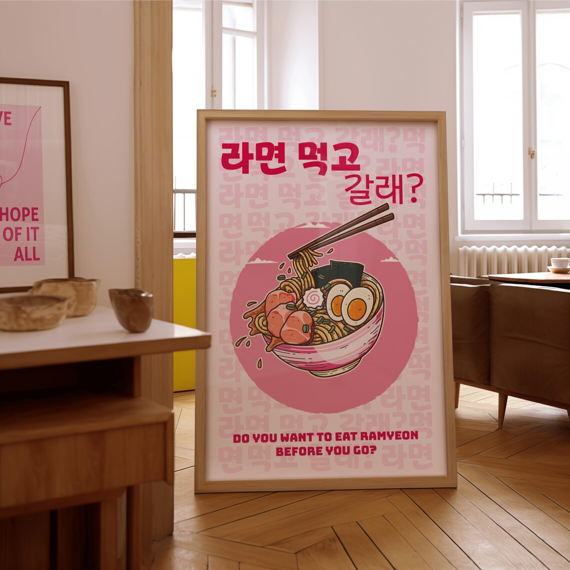 Korean Ramyeon Quote Pink Kdrama Ramen Bowl Illustration Poster