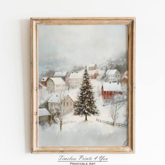 Misty Winter Village Christmas Tree Soft Snowy Landscape Poster