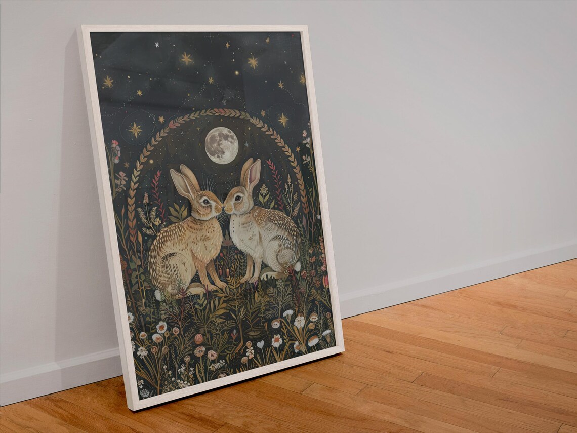 Two Hare Folk Art Print, Celestial Cottagecore - Image 2