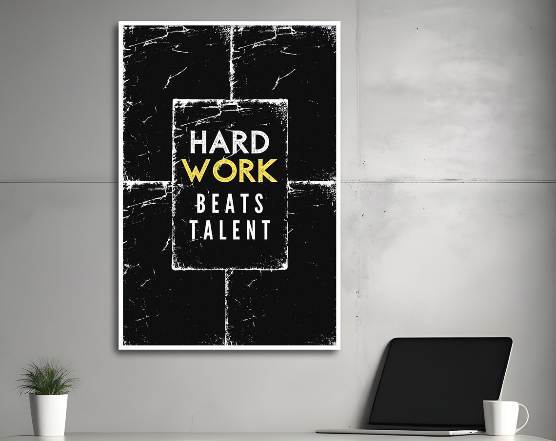 Hard Work Beats Talent Grunge Gold Accent Black Quote Wall Art - Image 3