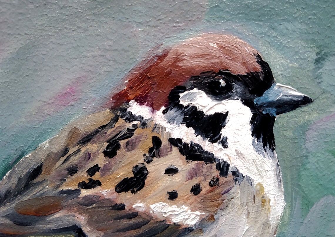 Eurasian Tree Sparrow Perched on Branch Original Oil Bird Poster - Image 2