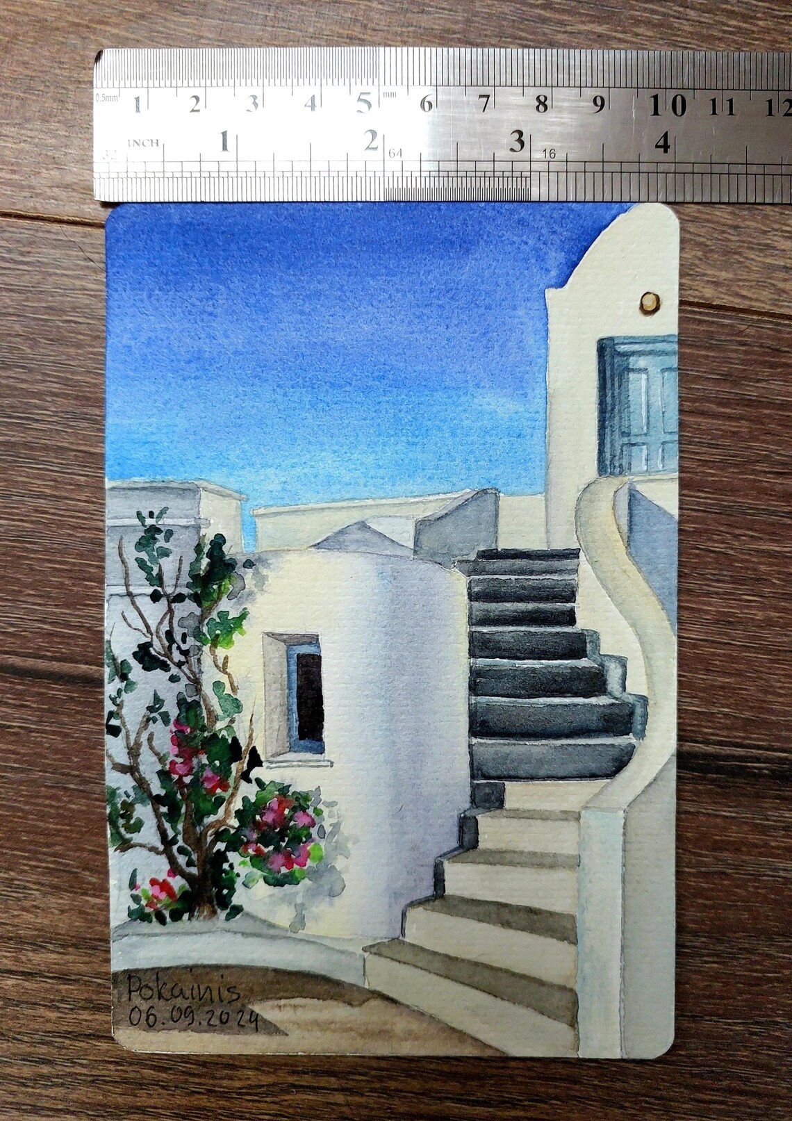 Santorini White Stairs with Bougainvillea ACEO Watercolor Poster - Image 2