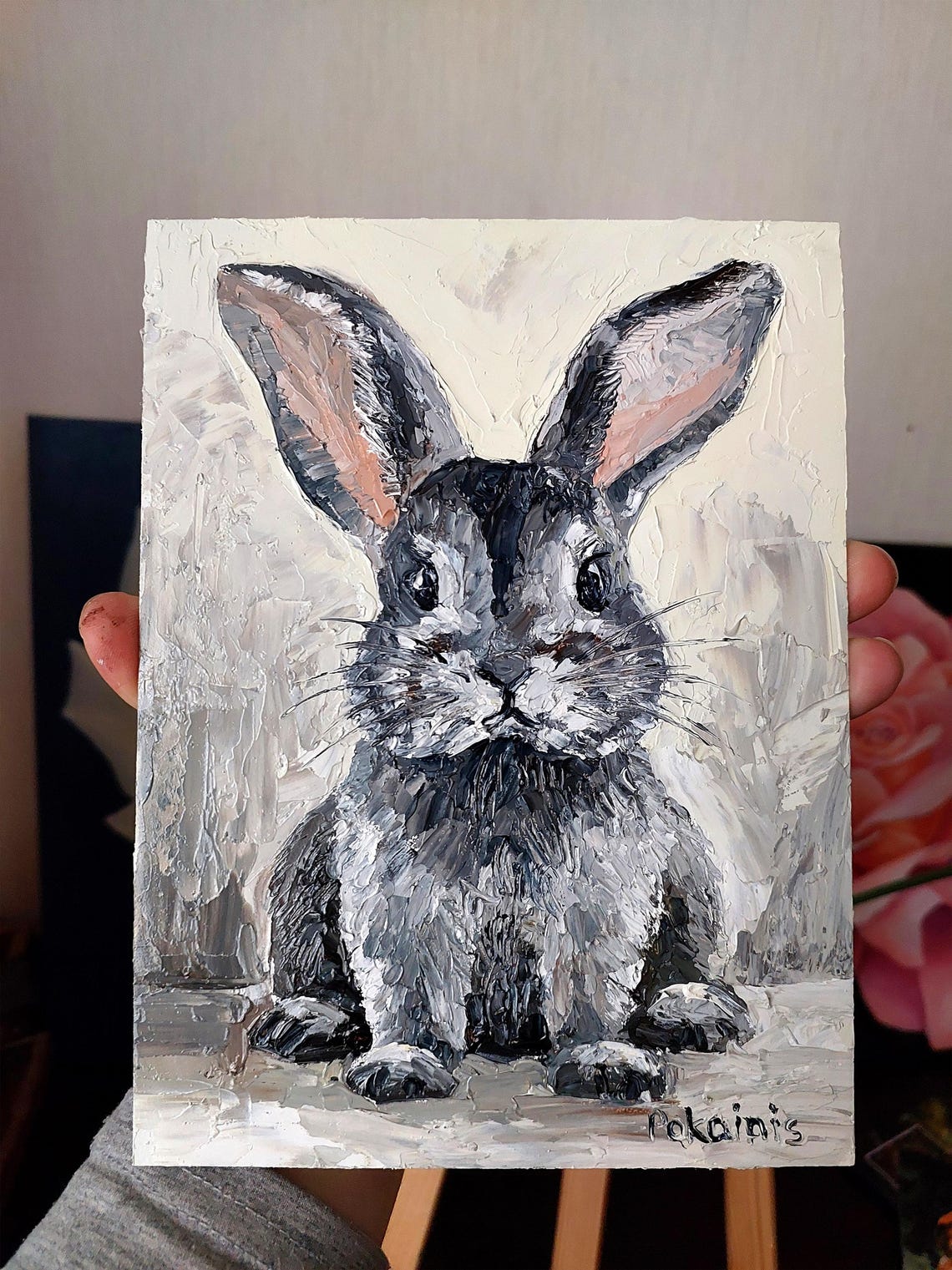 Gray Bunny Rabbit Portrait Textured Impasto Oil Painting Poster