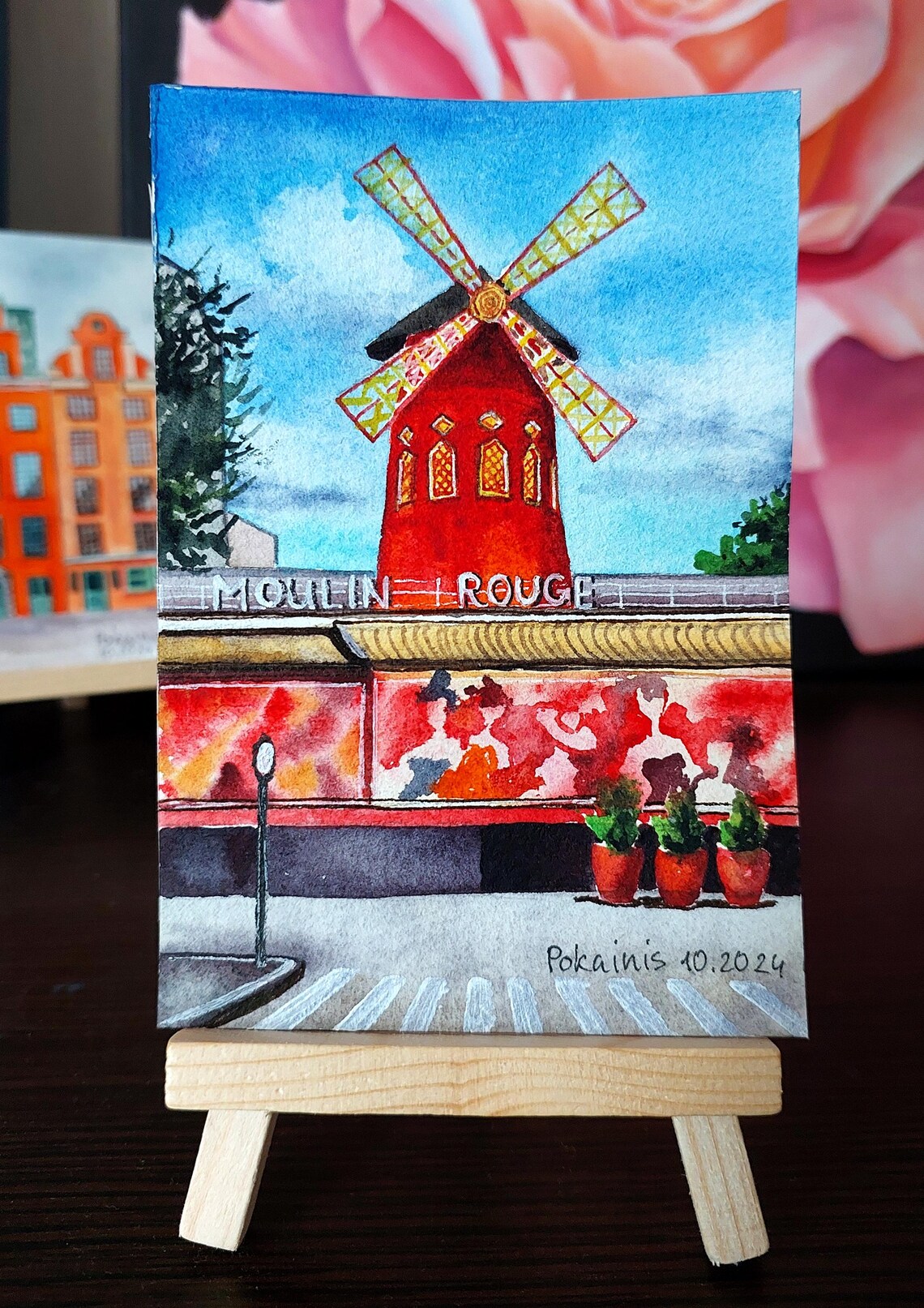 Moulin Rouge Windmill Paris Night Watercolor Landmark Poster - Image 4