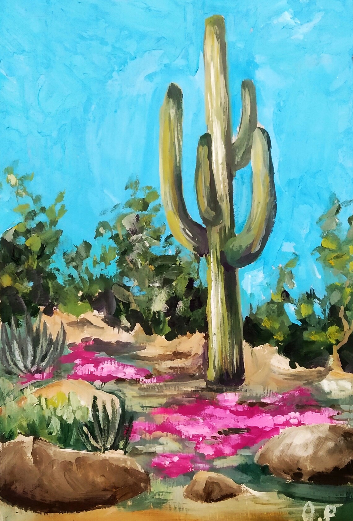 Saguaro Cactus in Blooming Desert Original Oil Landscape Poster