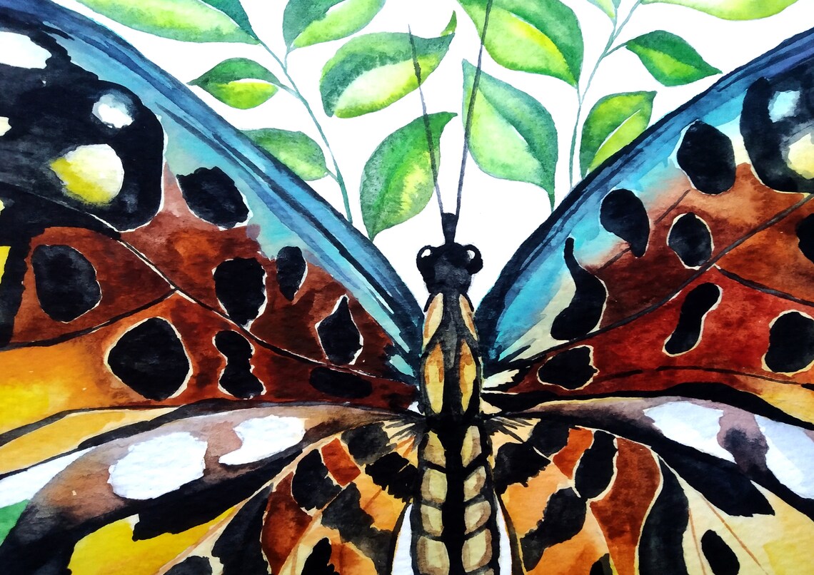 Orange and Black Butterfly Among Leaves Watercolor Art Poster - Image 2