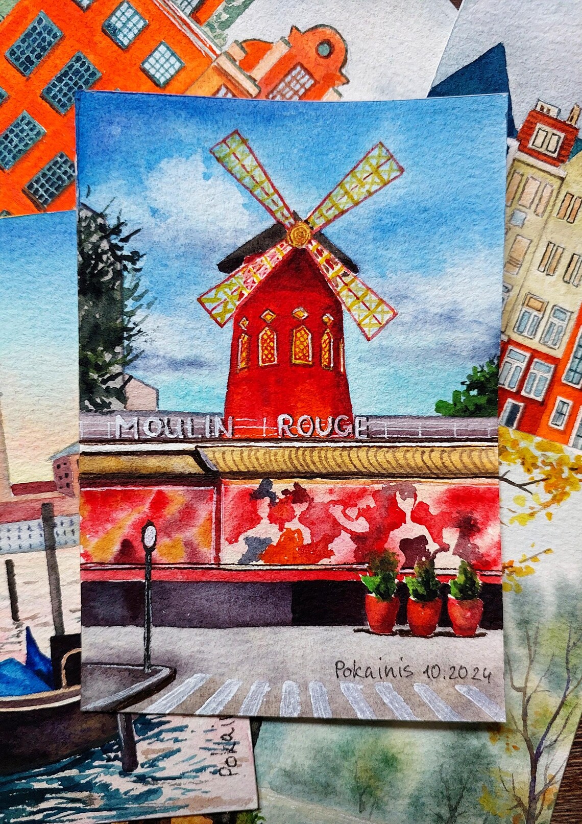 Moulin Rouge Windmill Paris Night Watercolor Landmark Poster - Image 3