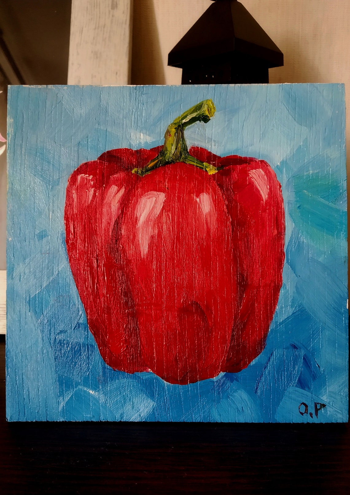 Red Bell Pepper Impasto Oil Painting Bold Blue Kitchen Poster - Image 3