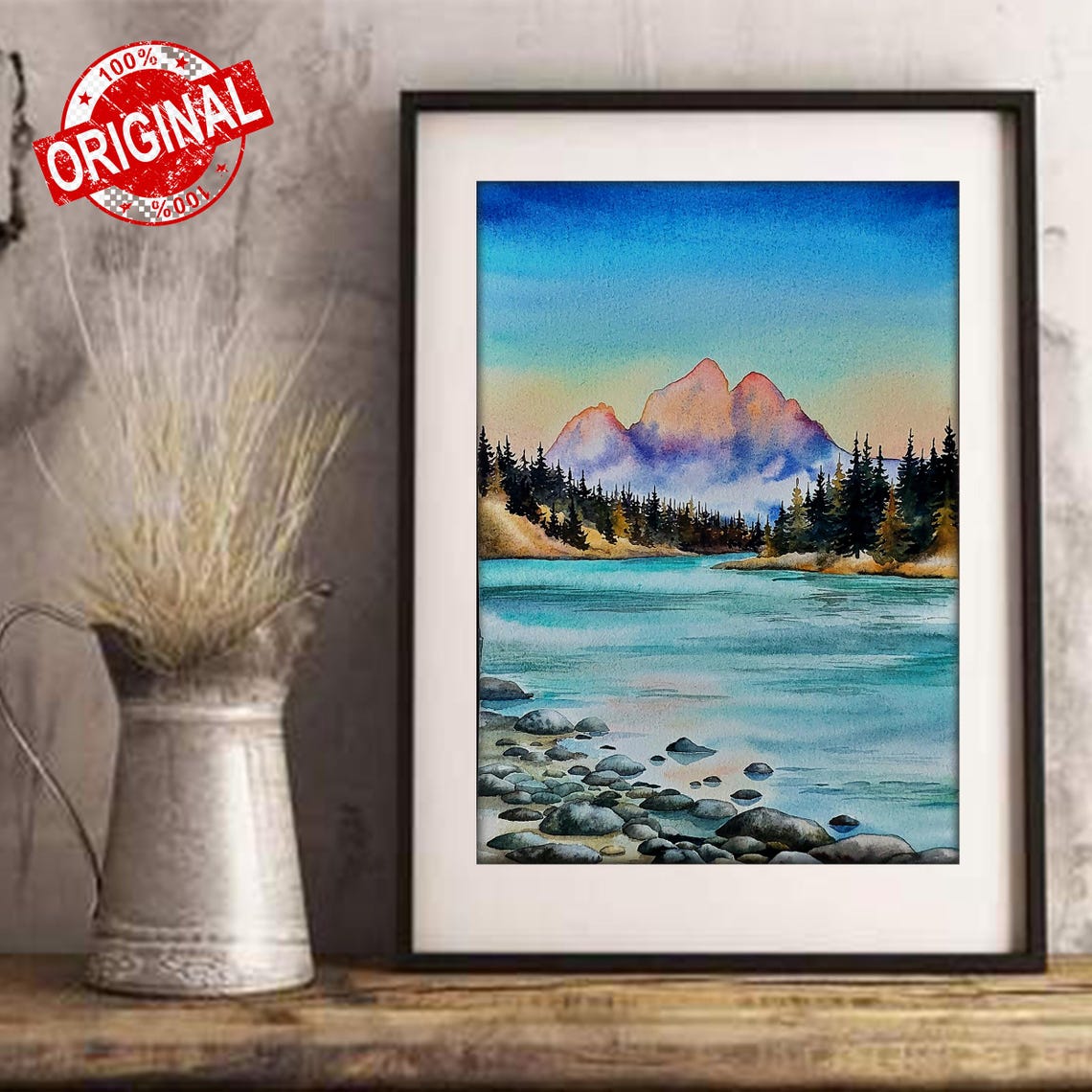Original Watercolor Pink Sunset Painting Quiet Dawn On A Mountain River Fine Art Small Landscape Wall Art Misty Lake Sunset Artwork - Image 3