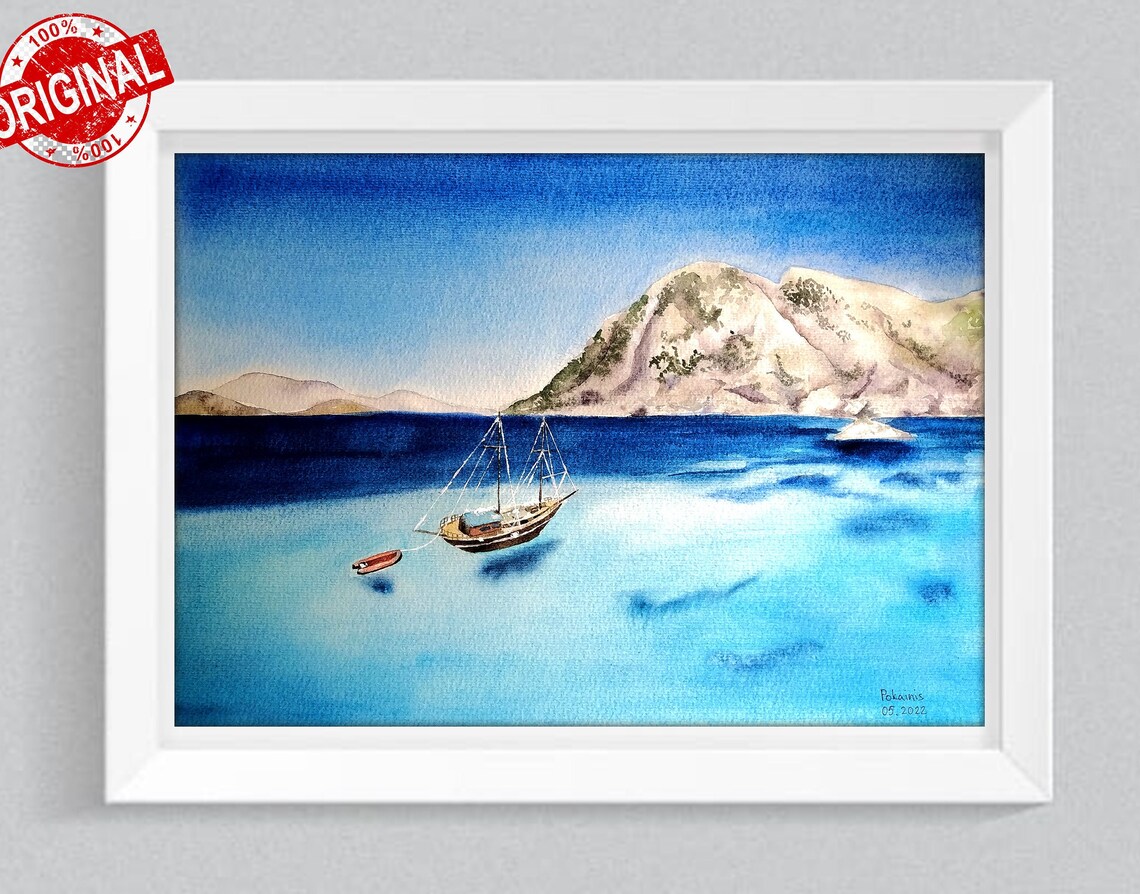 Sailboat by Rocky Island Watercolor Deep Blue Ocean Voyage Poster - Image 5