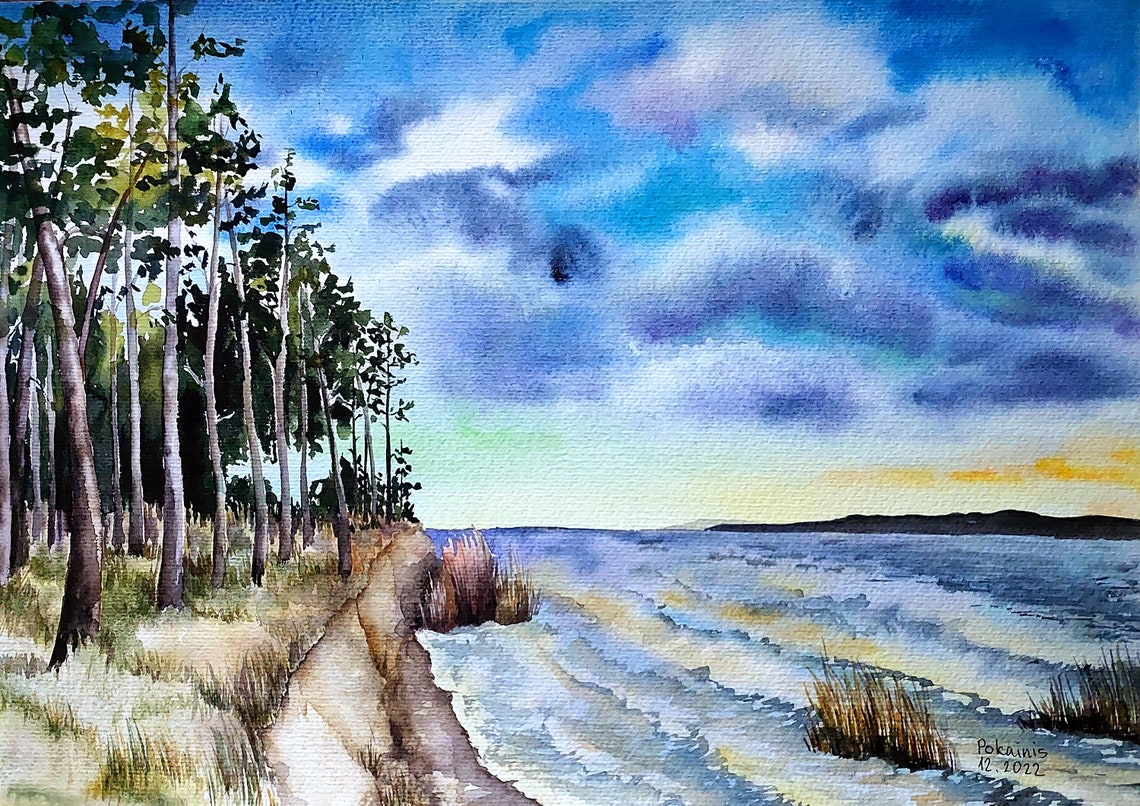 Birch Forest Path beside a Sunlit Lake Watercolor Landscape Poster