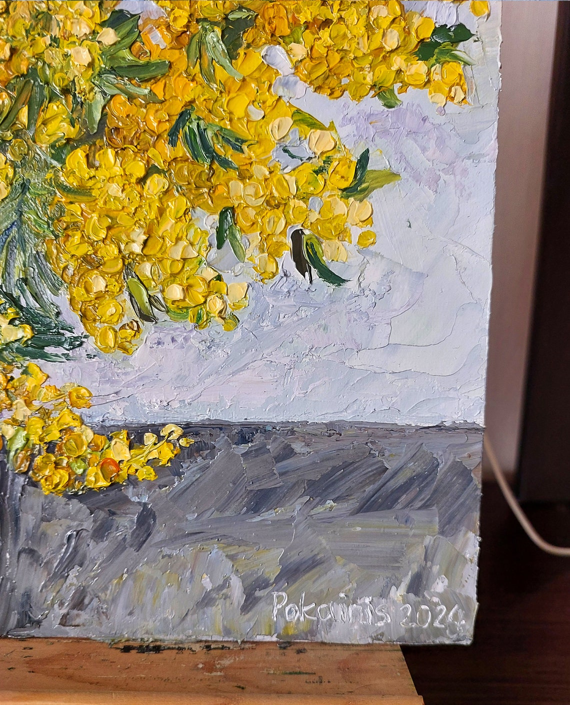 Mimosa Bouquet Cloud in White Vase Impasto Oil Floral Poster - Image 5