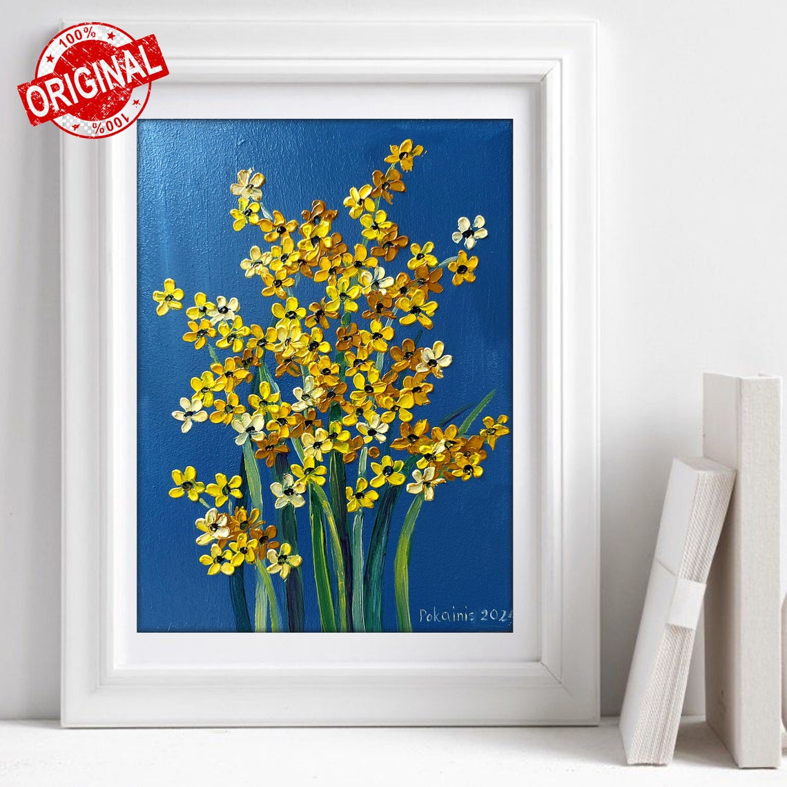 Yellow Wildflowers Impasto Oil Painting Poster On Navy Background - Image 4
