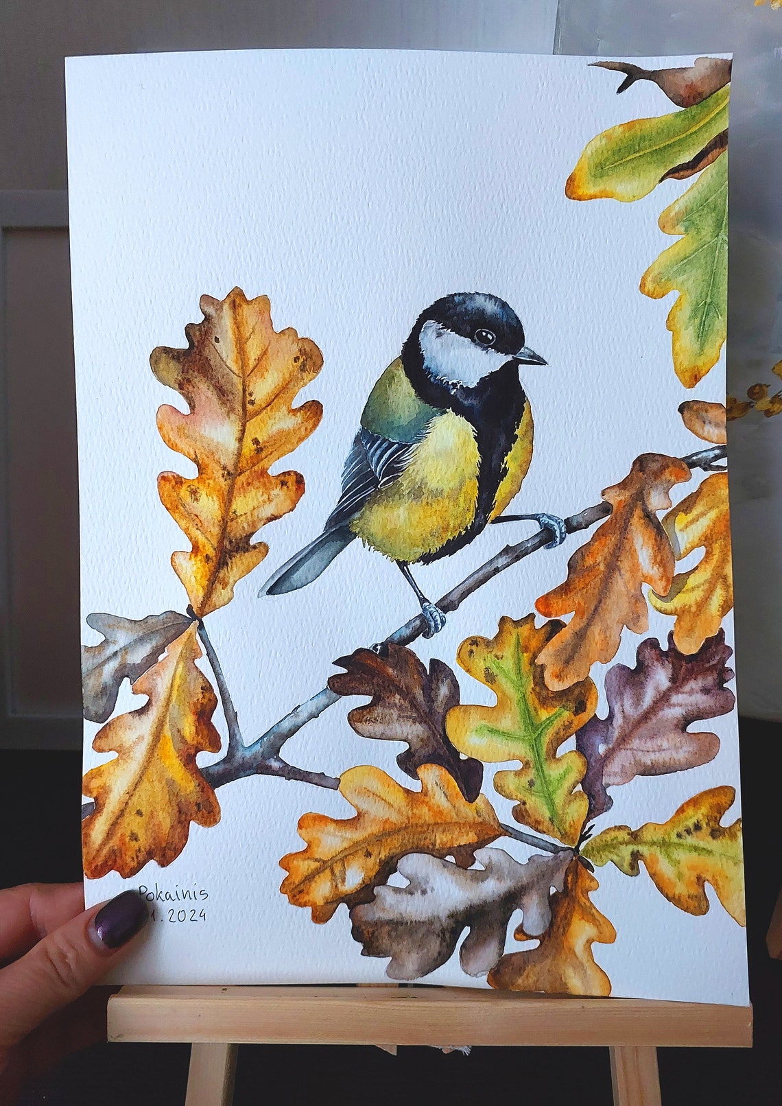 Great Tit Watercolor Bird Poster Perched On Autumn Oak Branch - Image 5