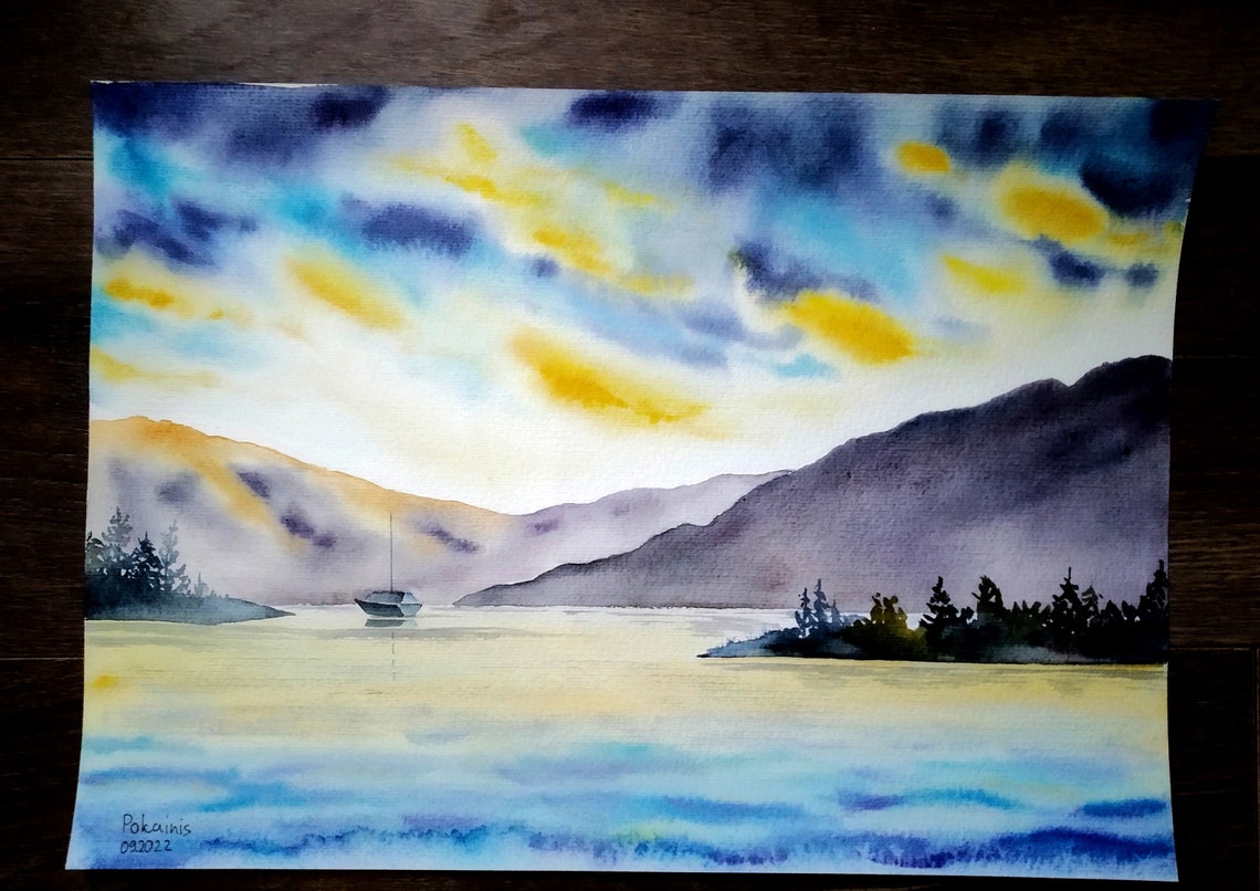 Lake Watercolor Original Painting Mountain Wall Art Sunset Painting Watercolor Cloud Artwork Navy Blue Wall Art Lake House Gift - Image 4