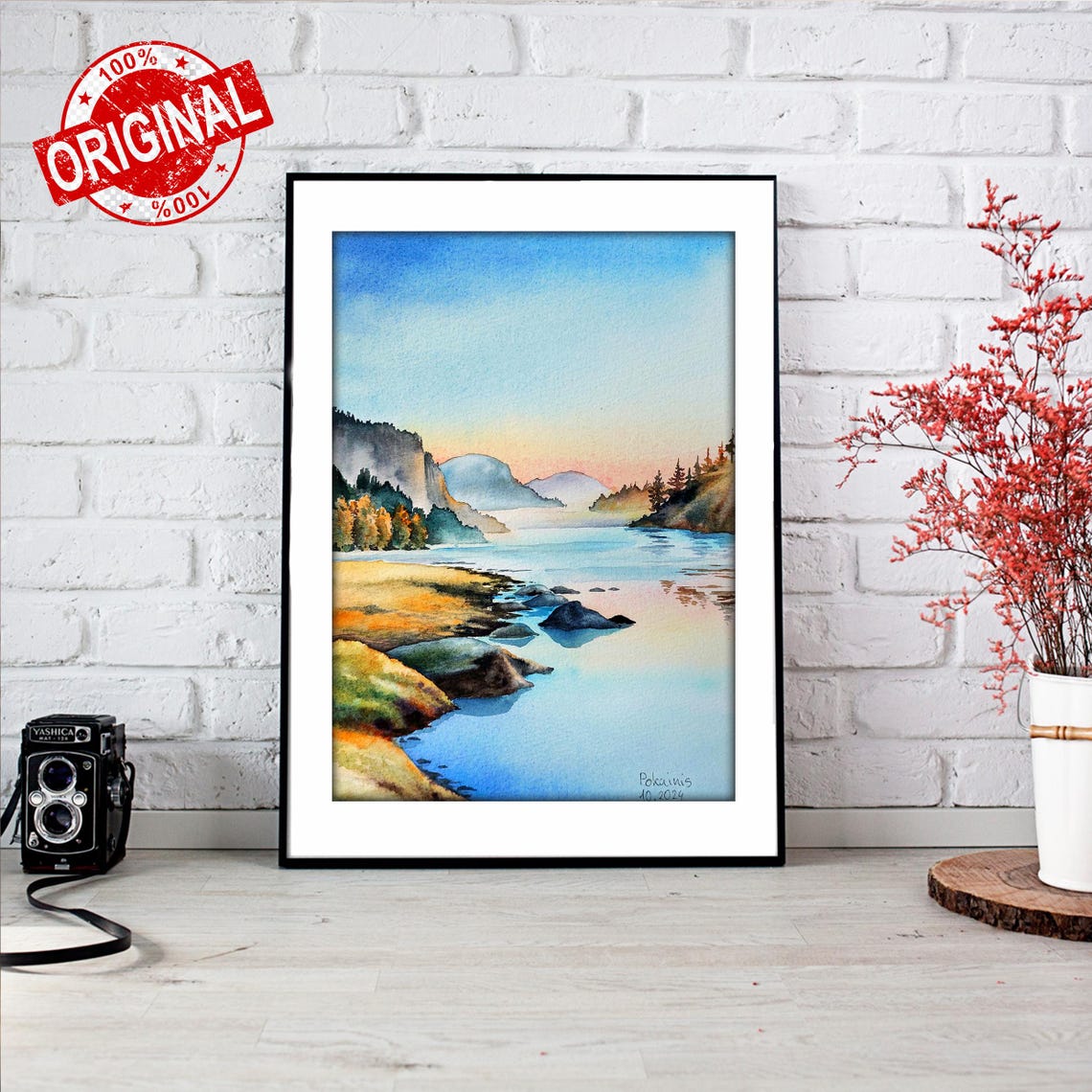 Original Watercolor Sunset Painting Quiet Dawn On A Mountain River Fine Art Landscape Wall Art Small Painting Misty Lake Sunset Artwork - Image 2