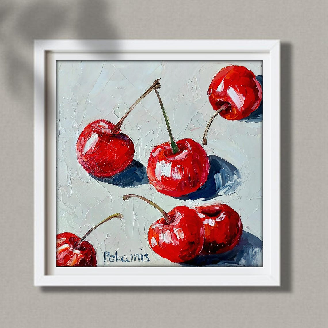 Scattered Red Cherries Impasto Oil Painting Poster Still Life - Image 2