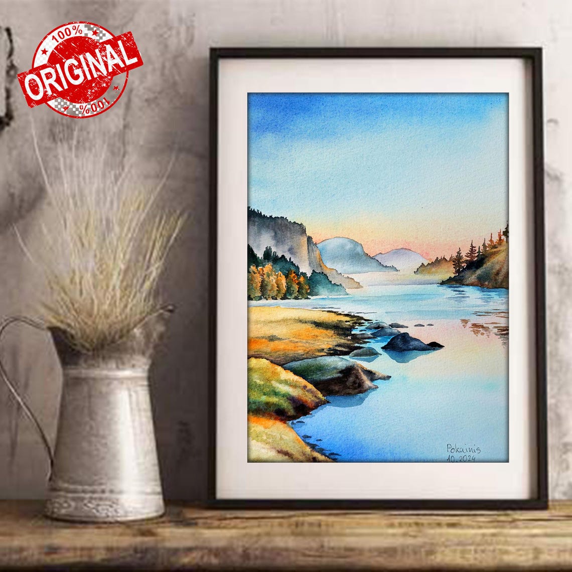 Misty River Sunset Watercolor Pastel Landscape Scenic Poster - Image 3