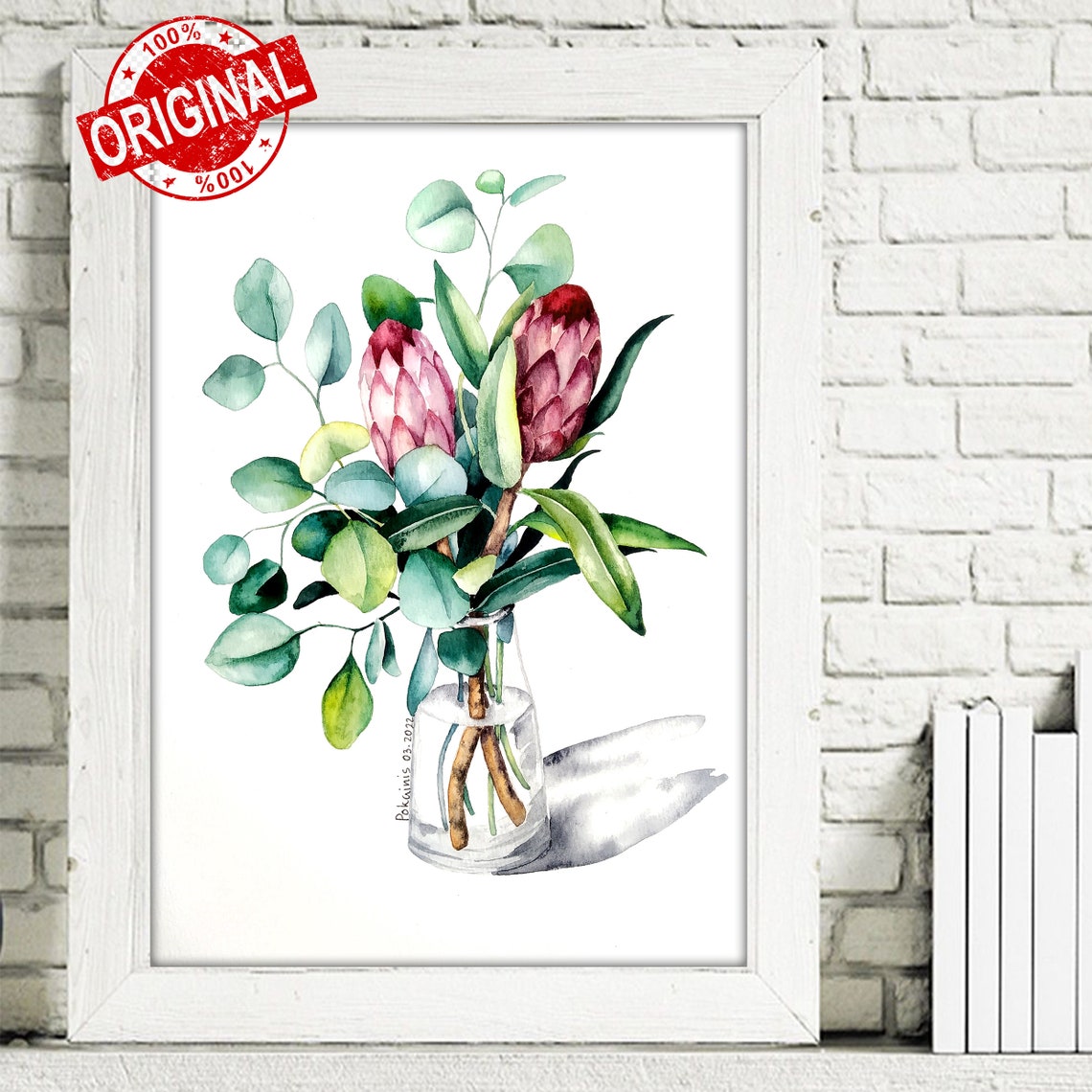 Pink Protea Watercolor Poster With Eucalyptus In A Glass Vase - Image 4