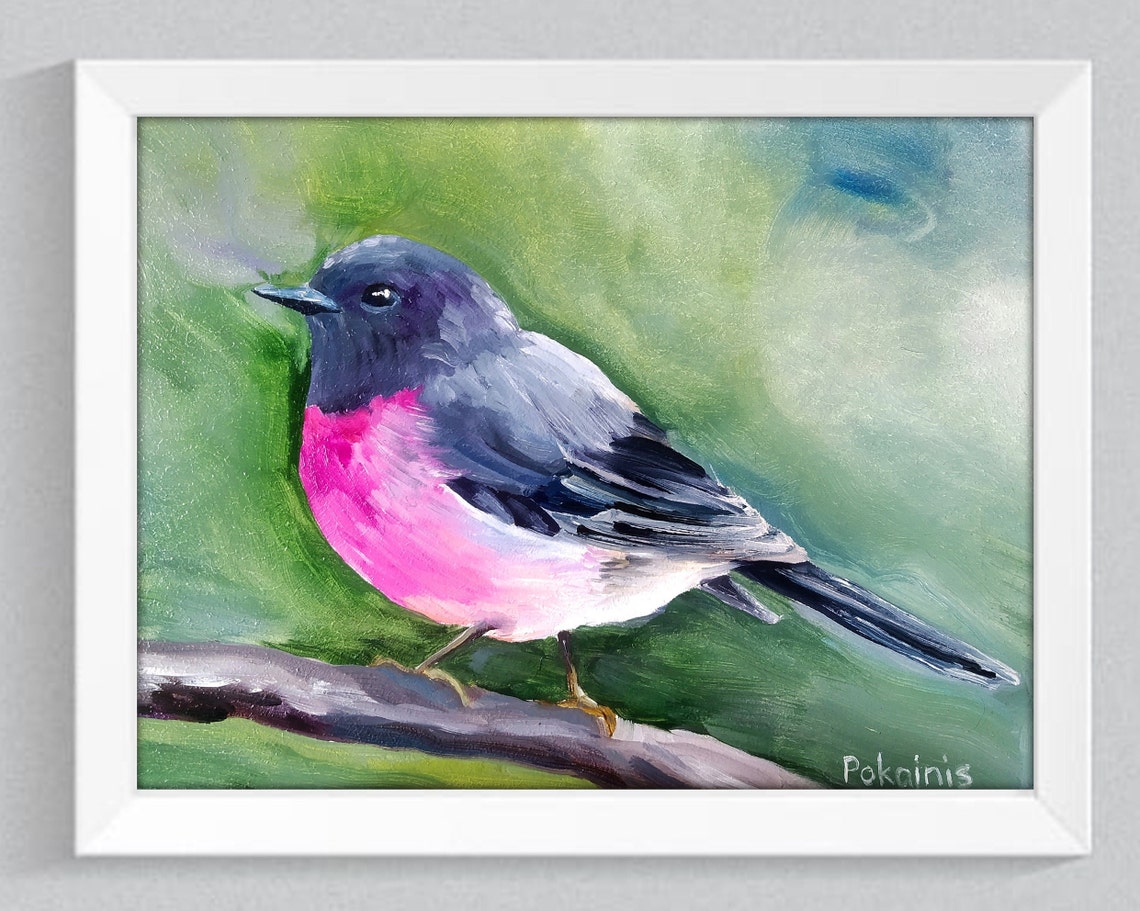 Pink Robin Bird on a Branch Impasto Style Oil Painting Art Poster - Image 2