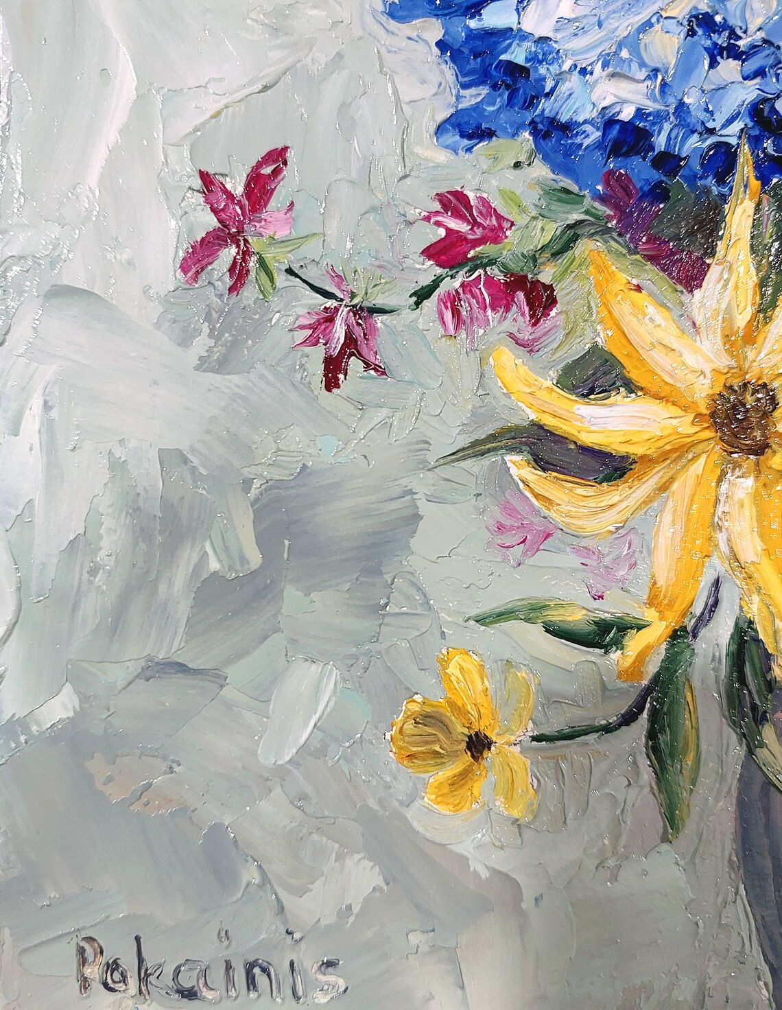 Blue Hydrangeas and Golden Daisies Bouquet Vase Impasto Oil Poster - Image 5