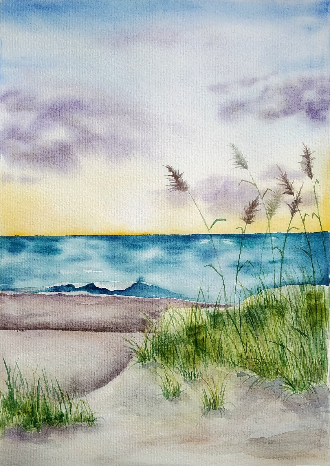 Beach Sunset Watercolor Poster With Dune Grass Ocean Shore View