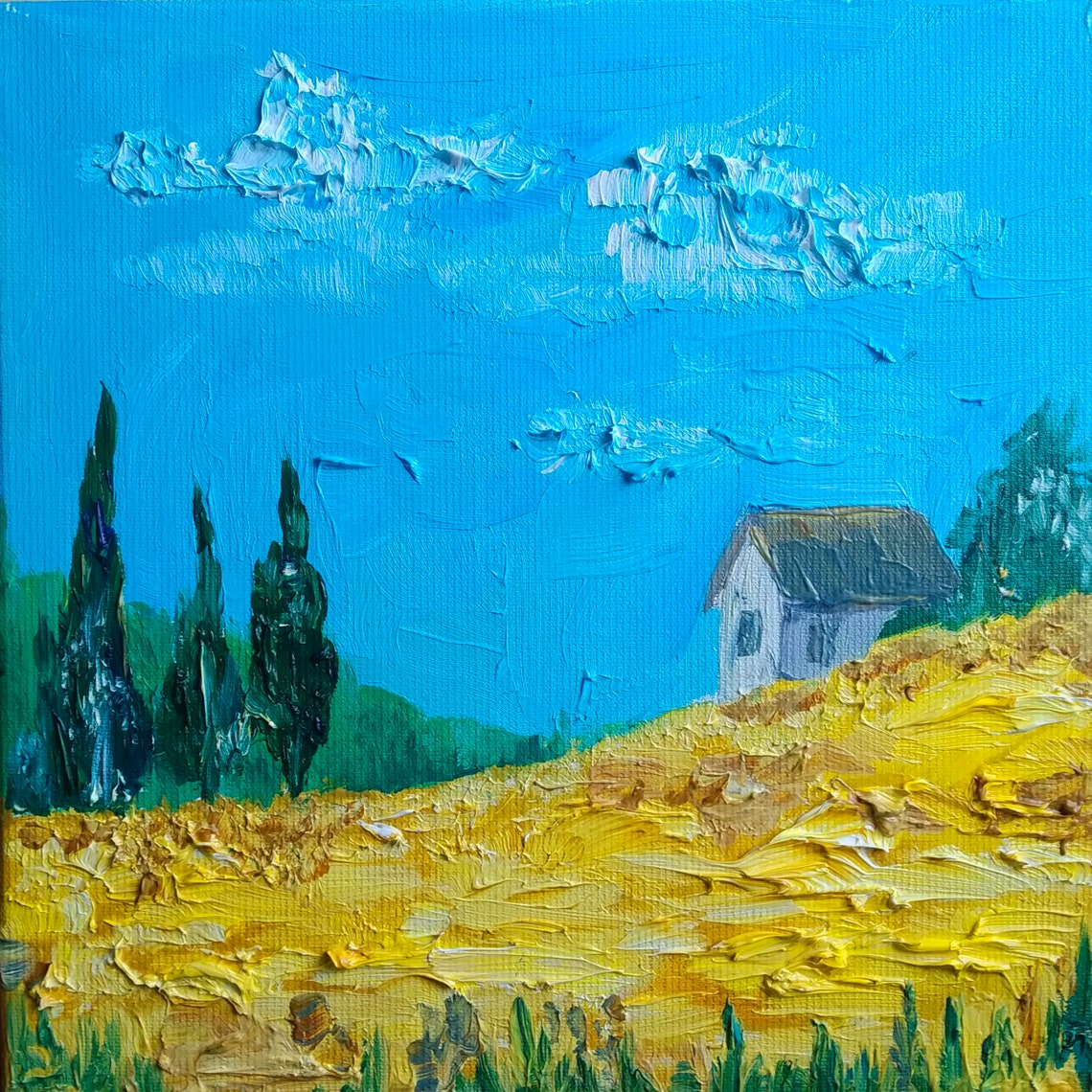 Golden Wheat Field White Farmhouse Dark Cypresses Impasto Print - Image 2