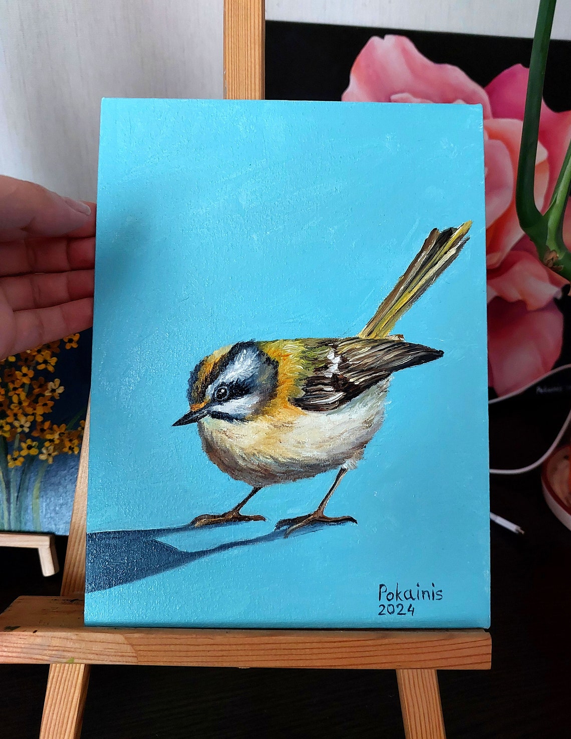 Tiny Songbird with Striped Crown Turquoise Oil Portrait Poster - Image 3