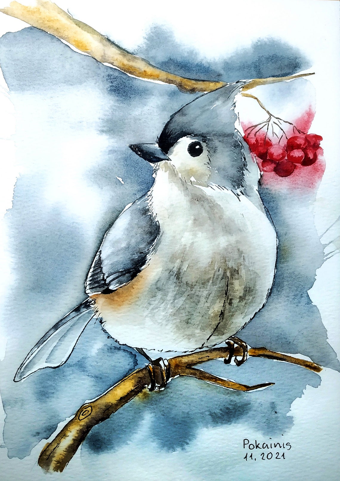 Tufted Titmouse with Winter Berries Watercolor Bird Art Poster
