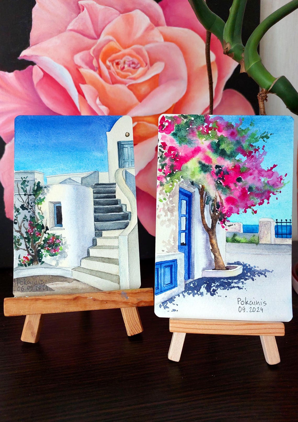 Santorini Bougainvillea Tree Beside Blue Door Watercolor Poster - Image 2