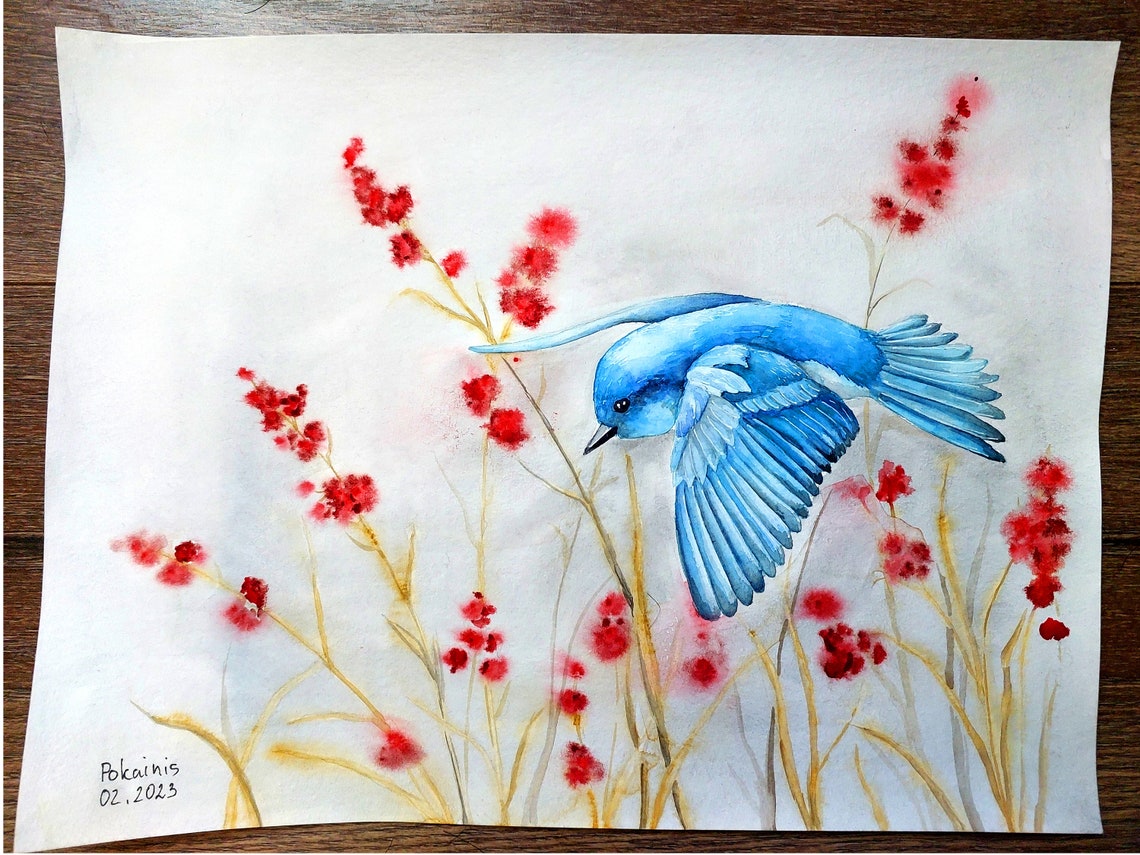 Bluebird in Flight Among Red Winter Berries Watercolor Poster - Image 3