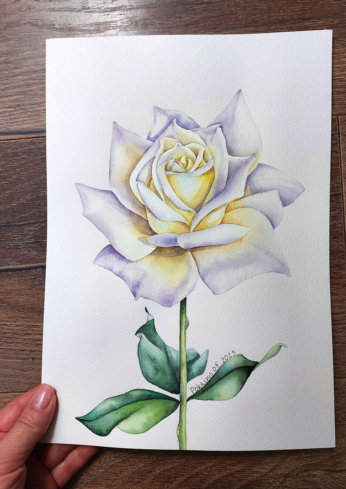 Cream Yellow Rose Watercolor Poster With Lavender Petal Edges - Image 4