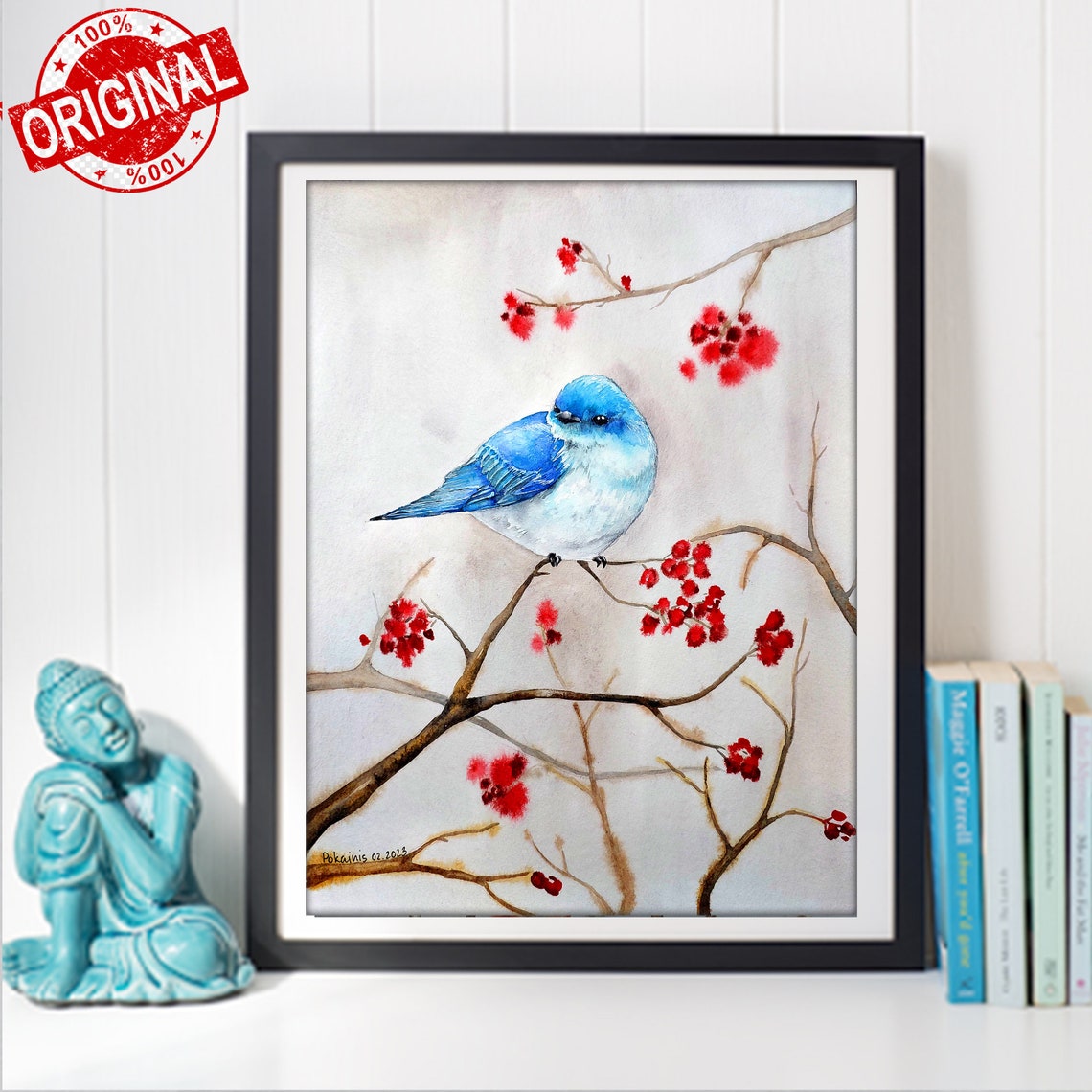 Bluebird Perched on Berry Branch Winter Watercolor Bird Poster - Image 5