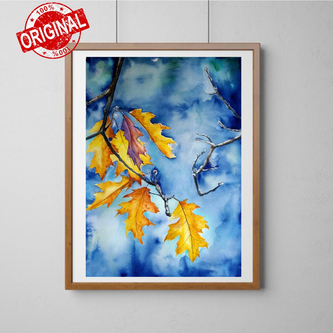 Autumn Oak Leaves Falling Over a Deep Blue Sky Watercolor Print - Image 4