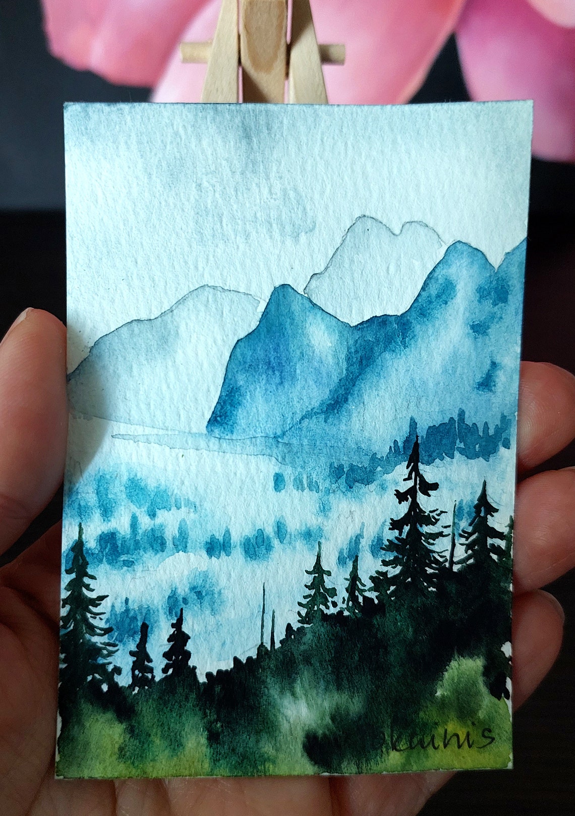 Foggy Blue Mountains over Pine Forest ACEO Watercolor Poster - Image 2