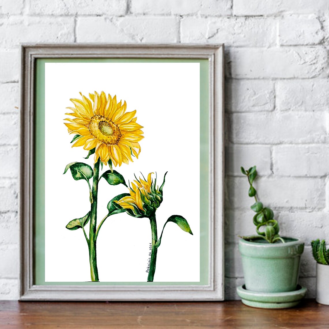 Two Sunflowers Watercolor Open Bloom and Bud Summer Floral Poster - Image 2