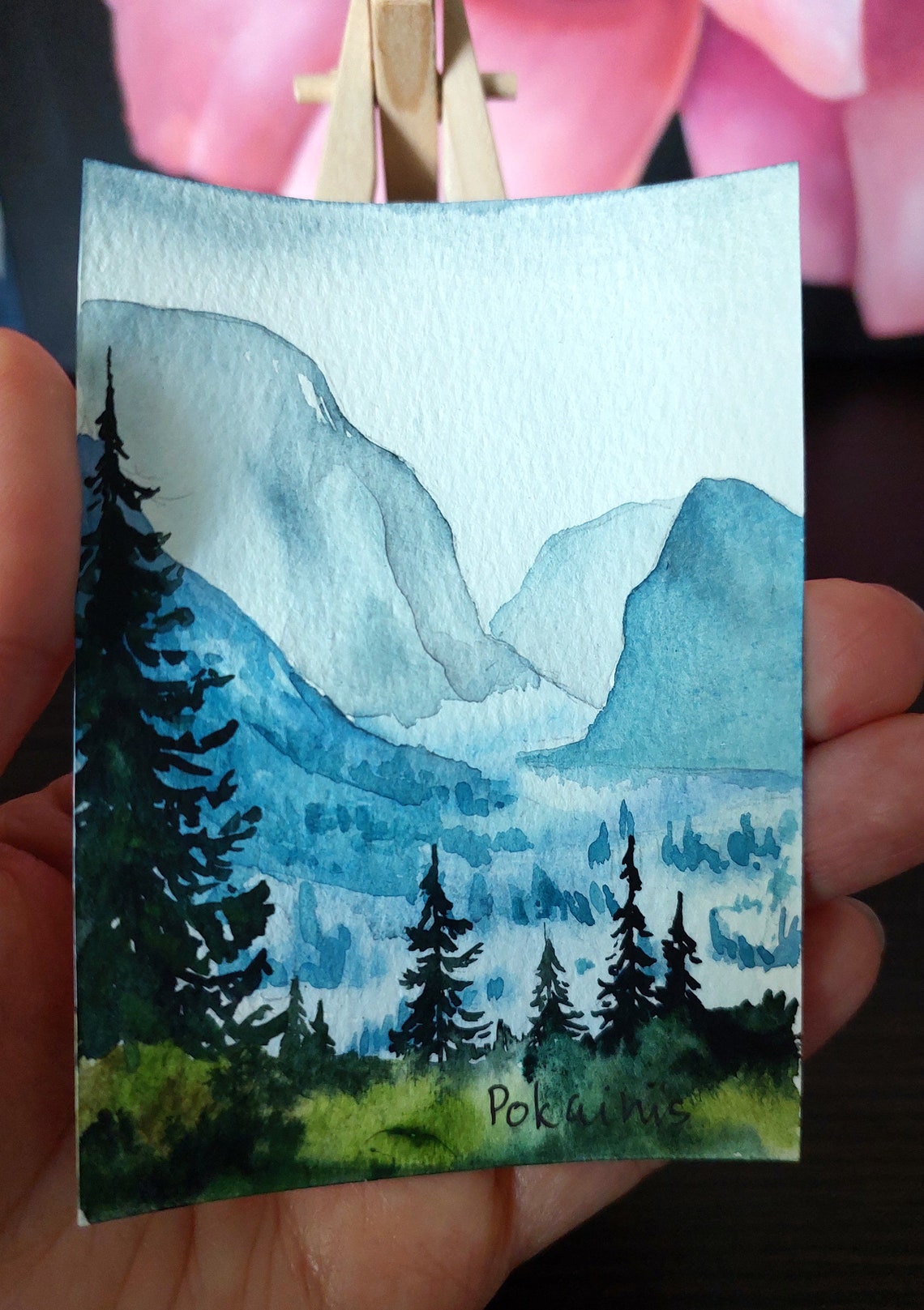 Aceo Watercolor Painting Original Artwork Misty Mountains Painting Forest Painting 2 53 5 Inches Small Painting Landscape Painting - Image 2