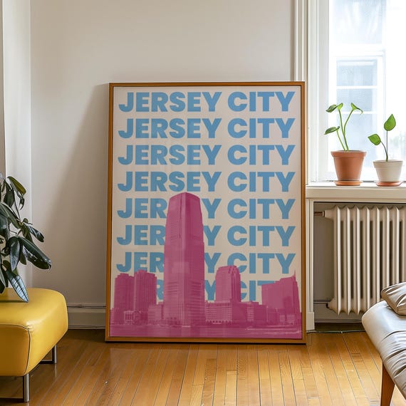 Jersey City Print Nj Travel Poster Wall Art Real Skyline Photo Blue Pink New Decor Retro