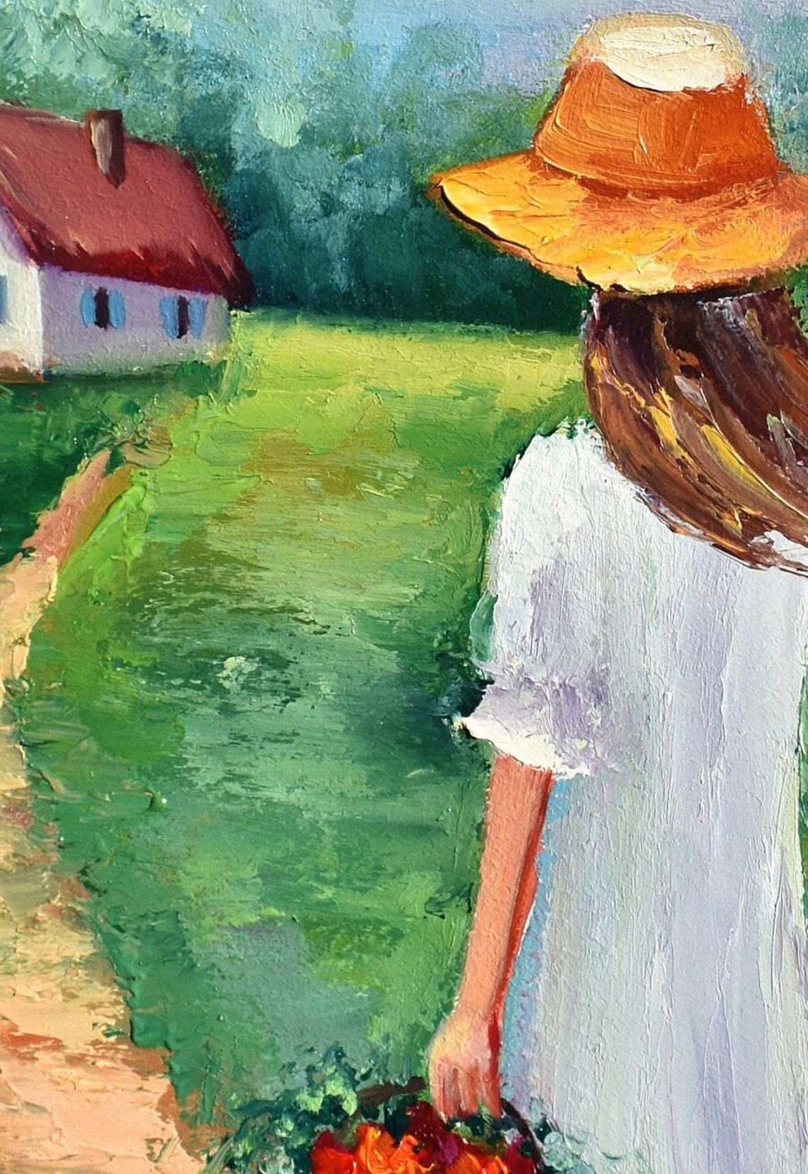 Girl With Flowers Art Landscape Painting Girl In Hat Painting Flower Art Girl Landscape Art Rural Landscape Art Farmhouse Art Flower Meadow - Image 5