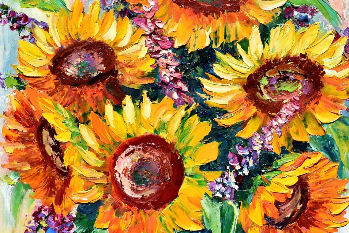 Sunflower Wall Art Purple Lupins Art Large Art Work Impasto Oil Painting Wildflowers Oil Art Sunflowers Painting Painting Floral Oil - Image 4