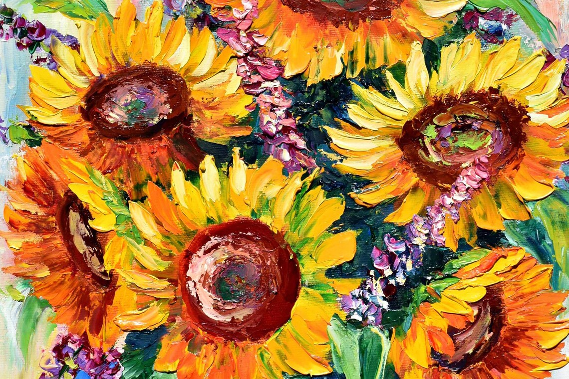 Sunflowers With Purple Lupins Bouquet Blooming Floral Oil Art Poster - Image 4