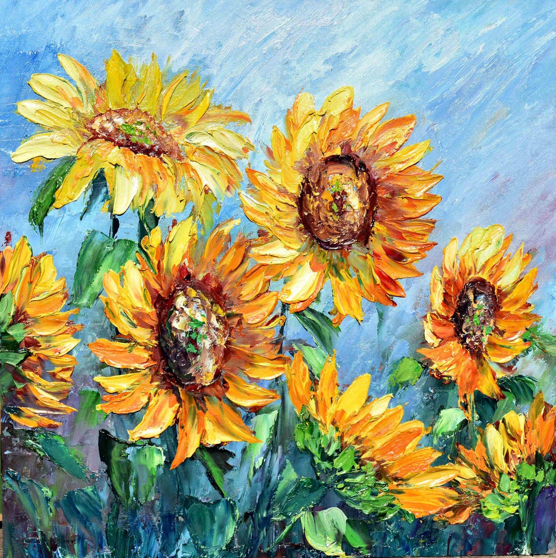 Sunflower Cluster Bright Blue Sky Impasto Oil Painting Summer Poster