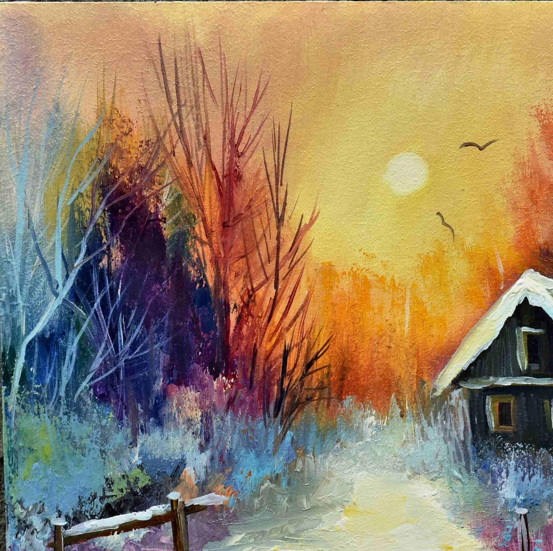 Winter Sunset Snowy Forest Cozy Cabin Golden Sky Oil Painting Poster - Image 4