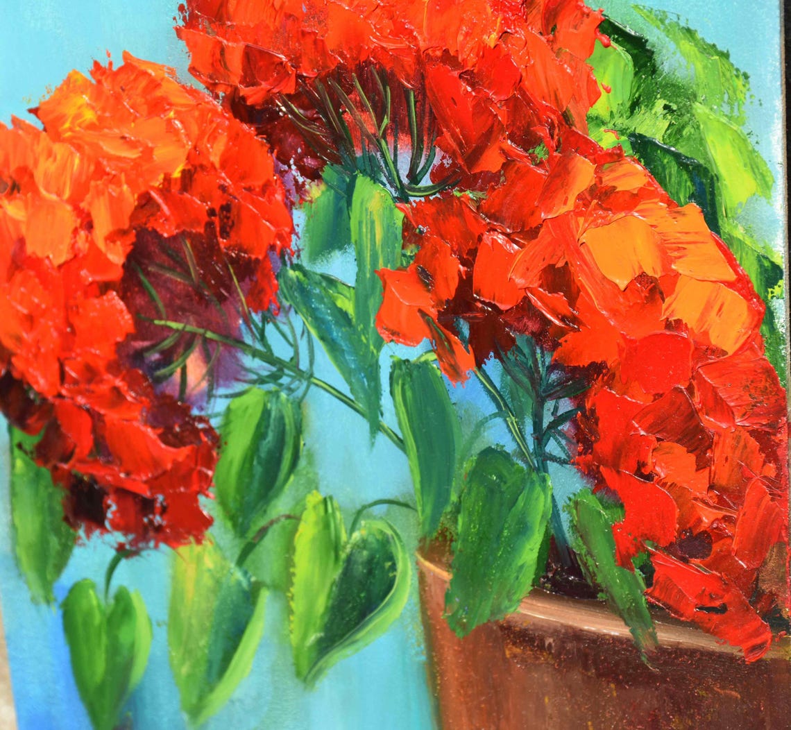 Red Geranium Blooms Terracotta Pot Turquoise Sky Impasto Oil Wall Art - Image 2