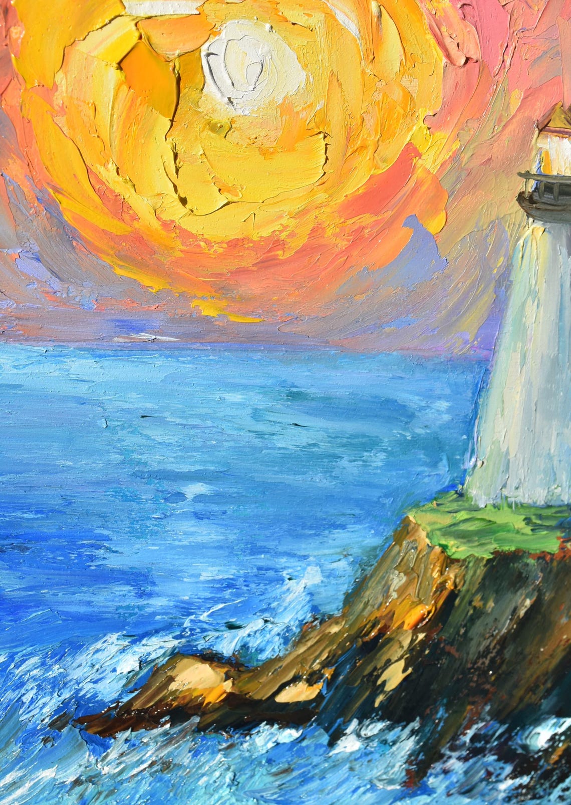 Lighthouse Rocky Cliff Swirling Sunset Sea Waves Painting Poster - Image 4