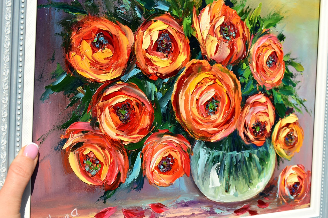 Orange Rose Painting Still Life Painting Rose Painting Flowers Impasto Art Still Life Rose Art Original Painting Palette Knife Art Flowers