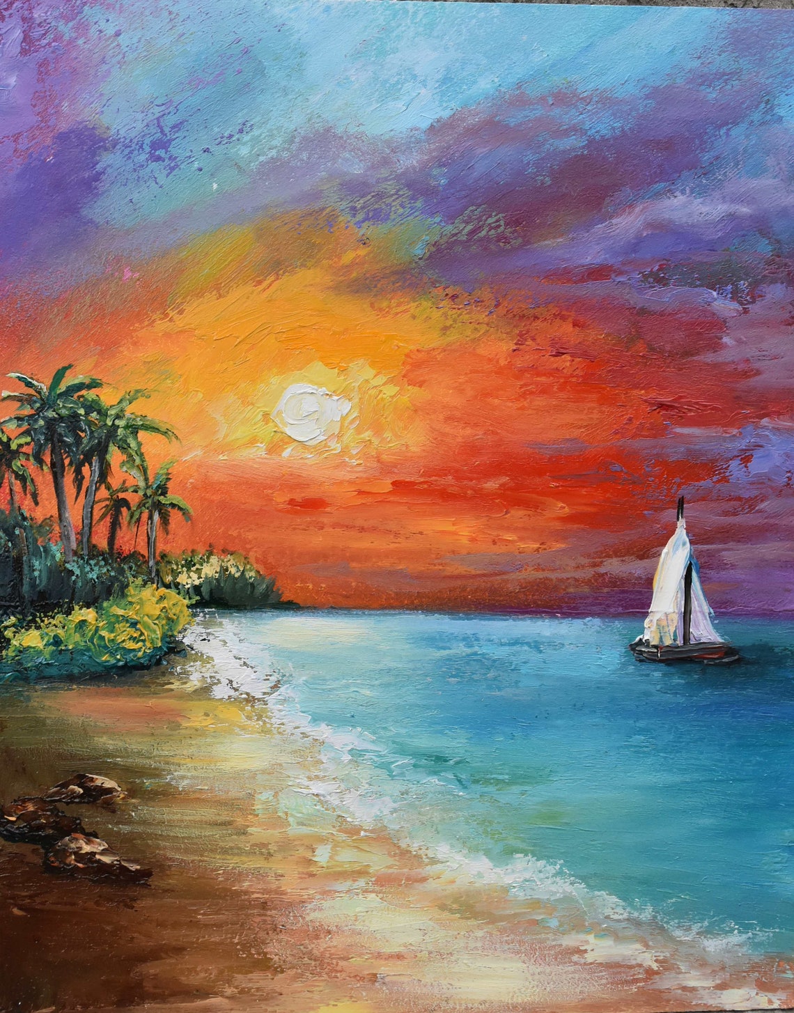 Sea Painting Colorful Sunset Ocean Landscape Art Oil Art Palette Knife Art Art Beach Art Sea Palm Tree Art Seascape Yacht Painting Painting - Image 3